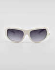 For Art's Sake® Raven sunglasses, featuring white frames and dark gradient lenses, are displayed against a plain light gray background.