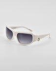 For Art's Sake® Raven sunglasses feature a white rectangular frame, dark gradient lenses, and a small 18-karat gold ring on the left frame, shown against a plain white background.