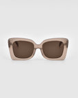 A pair of For Art's Sake® Ribbon sunglasses with rectangular, thick light beige frames and dark brown lenses. These sustainable sunglasses feature slightly rounded edges and a modern, stylish look, set against a plain white background.