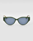 Front view of For Art's Sake® Vincent Van Gogh collectible eyewear, featuring thick dark green frames and blue-tinted oval lenses against a plain white background.