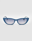 The Claude Monet sunglasses by For Art's Sake® feature blue cat-eye frames and reflective lenses, displayed front-facing on a light gray backdrop—a chic limited edition accessory ideal for bold style statements.