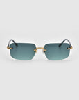 For Art's Sake® Edith sunglasses feature rimless, rectangular green-tinted lenses, a gold bridge and hinges, black temples with subtle decorations, elegantly displayed on a plain light background.