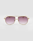For Art's Sake® Lines: Gold-framed oversized aviator sunglasses with gradient purple-tinted lenses and sculpted temples, shown on a light gray background.