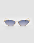 The Tulip II cat-eye sunglasses by For Art's Sake® feature a bold acetate front, gold metal frames, and blue-tinted lenses, shown facing forward on a plain light gray background.