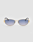 Abstraction II sunglasses by For Art's Sake® feature a geometric metal frame, black sculptural temples, and blue gradient lenses, showcased on a plain light gray background.