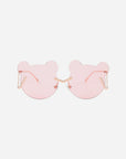 For Art's Sake® Teddy sunglasses with bear-shaped lenses, UV protection, and gold-colored arms made from stainless steel frames against a white background.