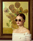 A woman in an off-shoulder white dress and For Art's Sake® cat-eye sunglasses poses before the "Vincent Van Gogh" artwork, elegantly framed on a yellow wall.