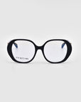 A pair of bold and stylish, oversized, square-shaped black Bow eyeglasses with slightly rounded edges from For Art's Sake®. The temples and hinges are subtle and elegantly designed. The words "FOR ART'S SAKE" are visible on the inside of the left lens. The background is plain and light-colored.