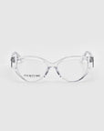 Clear-framed cat-eye Rosalia I eyeglasses from the Rose Garden Collection are displayed against a plain background, exuding elegance and femininity, with "For Art's Sake®" visible on the left lens.