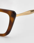 Close-up of the corner of For Art's Sake® Harmony(X) sunglasses, featuring a thick brown tortoiseshell frame and gold-colored temple, set against a plain white background.