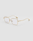 For Art's Sake® "Garden" eyeglasses feature gold-rimmed, squared metal frames with clear lenses and slightly curved temples for a lightweight, comfortable fit—shown angled on a white background.