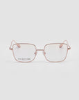 The For Art's Sake® Garden is a pair of modern squared metal glasses with thin gold frames and clear lenses, offering lightweight comfort, displayed on a plain white background.