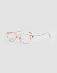The For Art's Sake® Anita features rose gold geometric metal cat-eye frames with clear lenses and thin arms for a lightweight, comfortable fit, shown on a light grey background.