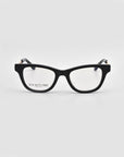 The Poppy by For Art's Sake® is a pair of black, rectangular eyeglasses with clear lenses and a comfortable frame, shown on a light gray background. "FOR ART'S SAKE" is printed inside the left lens.