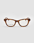 Front view of For Art's Sake® Poppy brown tortoiseshell rectangular eyeglasses with comfortable frame, bold temples, and transparent lenses on a plain light gray background. "For Art’s Sake" branding appears inside the left lens.