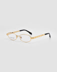 For Art's Sake® Iris features gold-framed geometric optical glasses with rectangular lenses and black temple tips, shown against a plain light gray background.