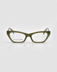 Lavender cat-eye acetate glasses in olive green with sculptural frames by For Art's Sake®, shown on a light gray background. The left lens features the brand name.