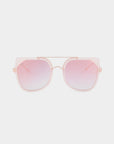 The "Big Game" by For Art's Sake® is a pair of trendy sunglasses with a square frame, featuring gradient pink lenses that fade to a lighter shade towards the bottom. The thin, metallic light pink frame showcases an aviator-style double bridge design and offers UV protection for optimal eye safety.