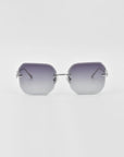 A pair of For Art's Sake® Aria rimless sunglasses with gradient lenses transitioning from dark gray at the top to light gray at the bottom. The sunglasses have thin, silver-tone metal arms and lack any visible jade-stone nose pads or additional frame components. The background is white.