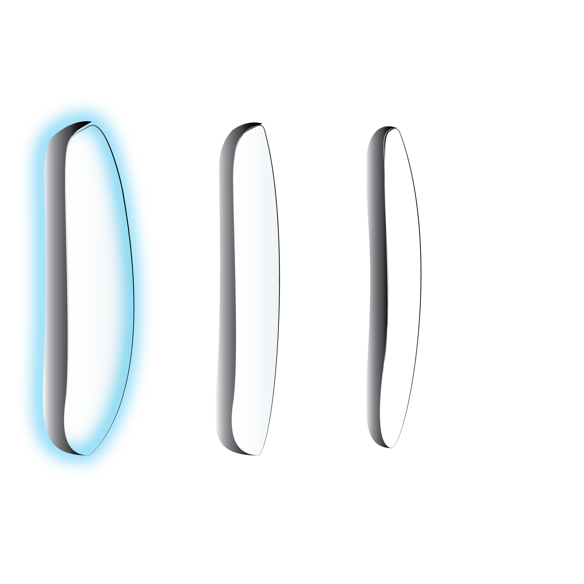 Three vertical, curved, transparent ZEISS CLEARVIEW lenses by LensAdvizor, resembling eyeglass frames. The left lens glows blue, while the others have black-and-white shadows, all set against a light gray background.