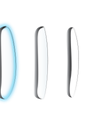Three vertical, curved, transparent ZEISS CLEARVIEW lenses by LensAdvizor, resembling eyeglass frames. The left lens glows blue, while the others have black-and-white shadows, all set against a light gray background.
