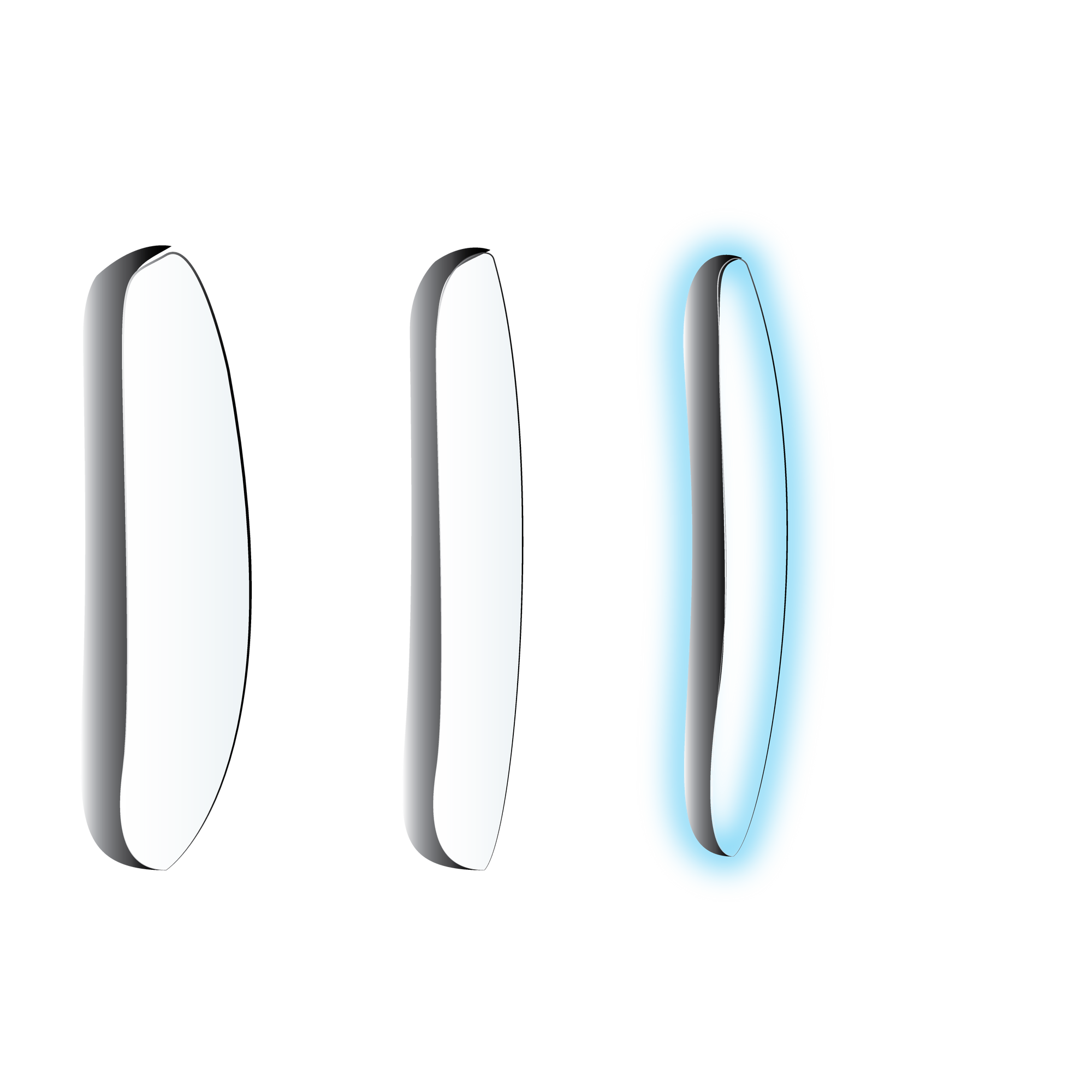 Three vertically-oriented, oval ZEISS CLEARVIEW lenses by LensAdvizor are displayed in a row. The lens on the right is highlighted with a blue glow, standing out against a plain white background.