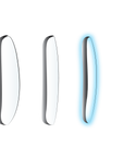 Three vertically-oriented, oval ZEISS CLEARVIEW lenses by LensAdvizor are displayed in a row. The lens on the right is highlighted with a blue glow, standing out against a plain white background.