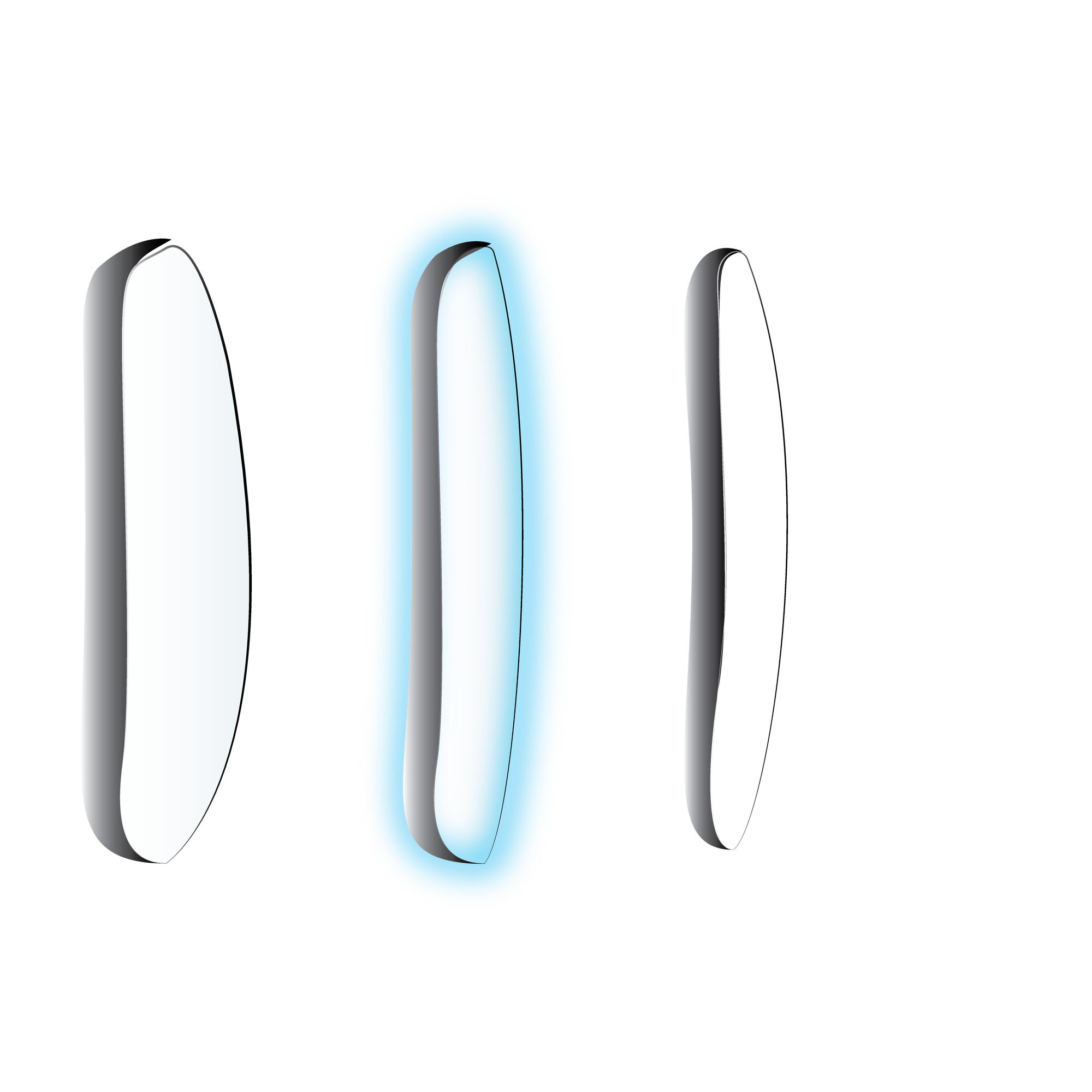 Three vertical, oval-shaped ZEISS CLEARVIEW glass frames by LensAdvizor stand in a row on a white background. The middle frame is outlined with a glowing blue light, while the others have black and gray shadows.
