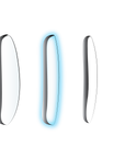 Three vertical, oval-shaped ZEISS CLEARVIEW glass frames by LensAdvizor stand in a row on a white background. The middle frame is outlined with a glowing blue light, while the others have black and gray shadows.