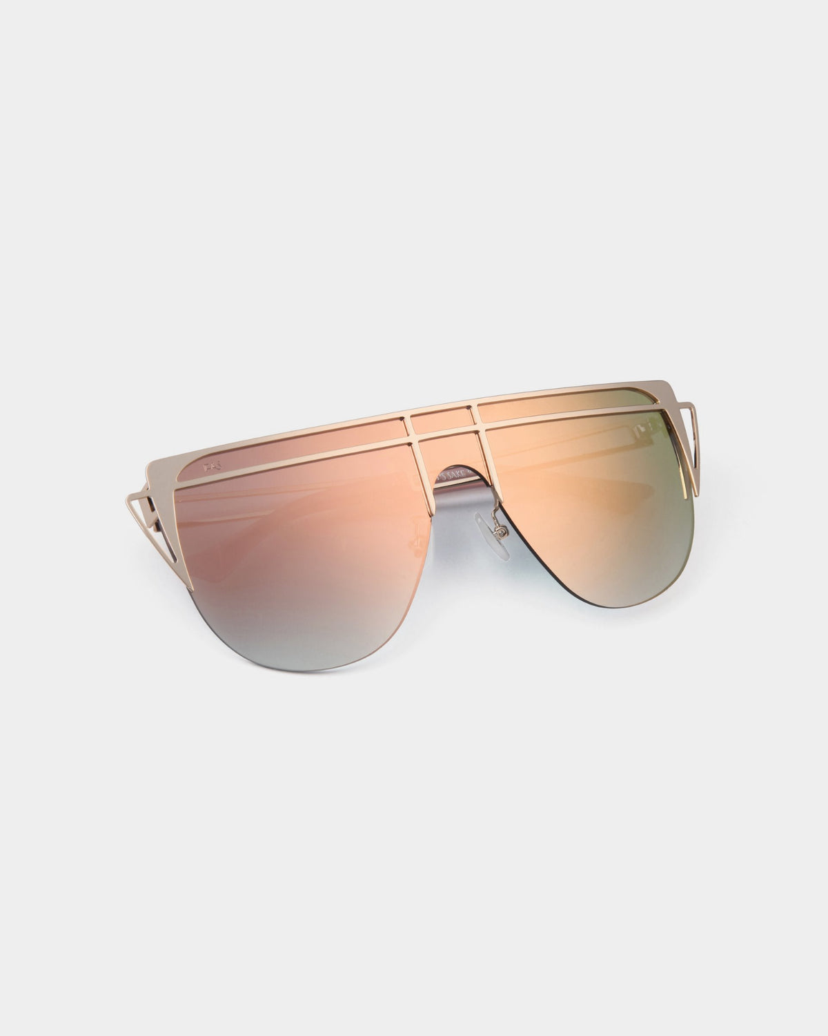 For Art's Sake® Alien sunglasses feature gold frames with a futuristic, geometric double-bridge design and oversized gradient reflective lenses, displayed on a light-gray background.