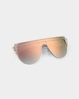 For Art's Sake® Alien sunglasses feature gold frames with a futuristic, geometric double-bridge design and oversized gradient reflective lenses, displayed on a light-gray background.