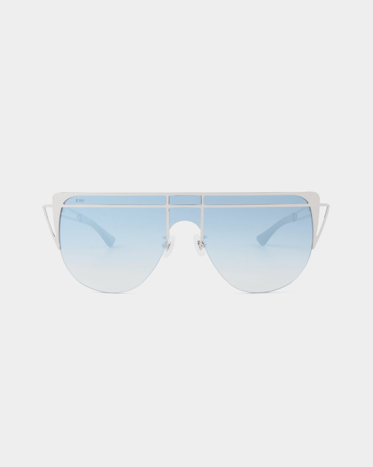 The Alien sunglasses by For Art's Sake® feature an avant-garde and modern design. The gradient blue lenses transition from a darker shade at the top to a lighter blue at the bottom, while the stylish white frame boasts a sleek double-bridge and angular side details, ensuring both style and complete UV protection.