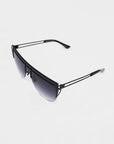 Introducing the "Alien" sunglasses from For Art's Sake® – a pair of modern black-framed futuristic eyewear with a sleek design featuring a straight upper edge and gradient gray-tinted lenses. The thin arms are adorned with small cut-out details near the hinges, adding a distinctive touch. This handcrafted piece not only offers UV protection but is also elegantly displayed on a plain white background.