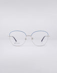 For Art's Sake® Coco: Minimalist blue light filter glasses with thin stainless steel frames, a subtle blue accent on the top rim, and comfortable jade nose pads, shown against a plain light gray background.