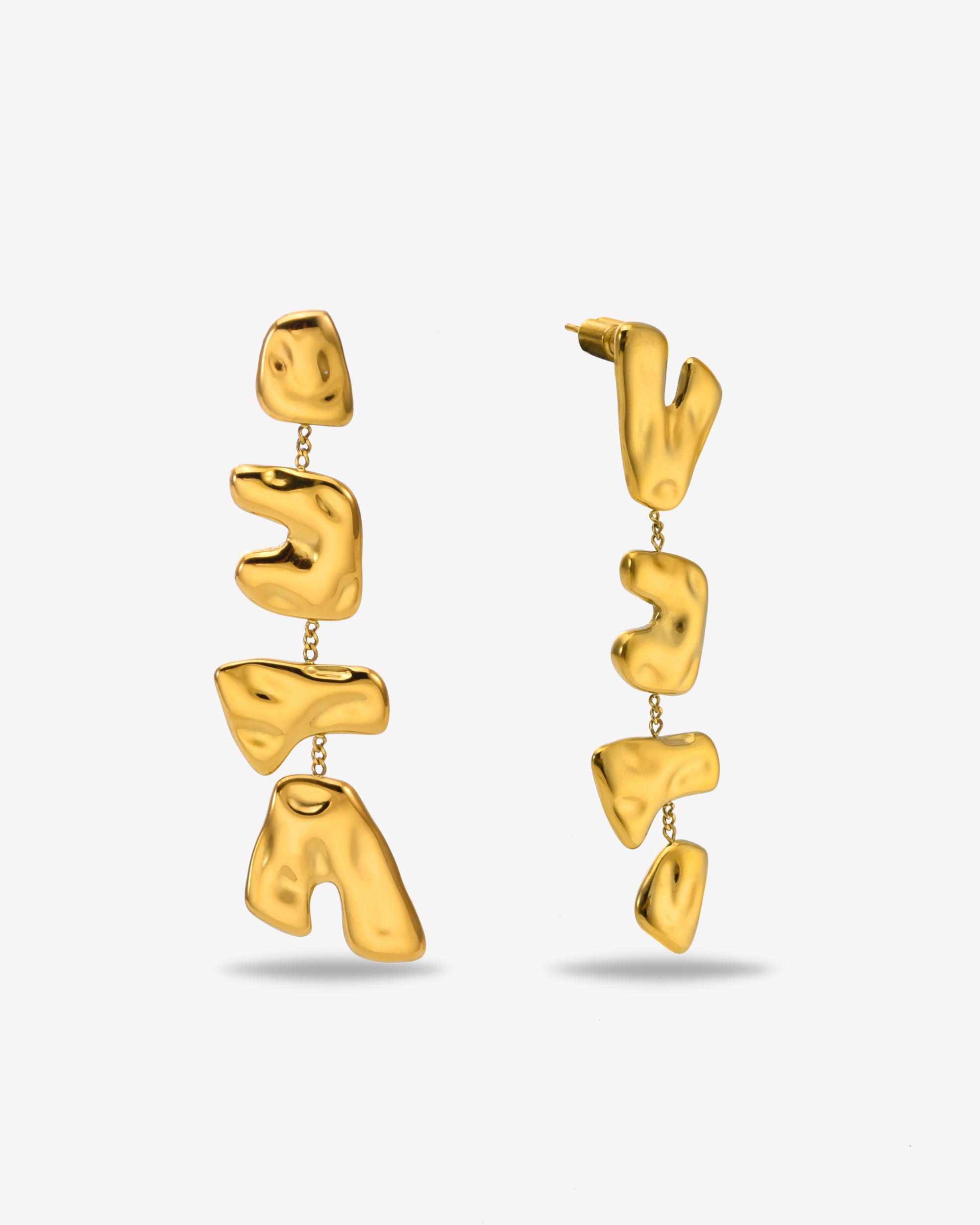 The Forms Earrings by For Art's Sake® are gold drop earrings featuring abstract, irregularly shaped segments linked vertically, showcased on a plain white background.