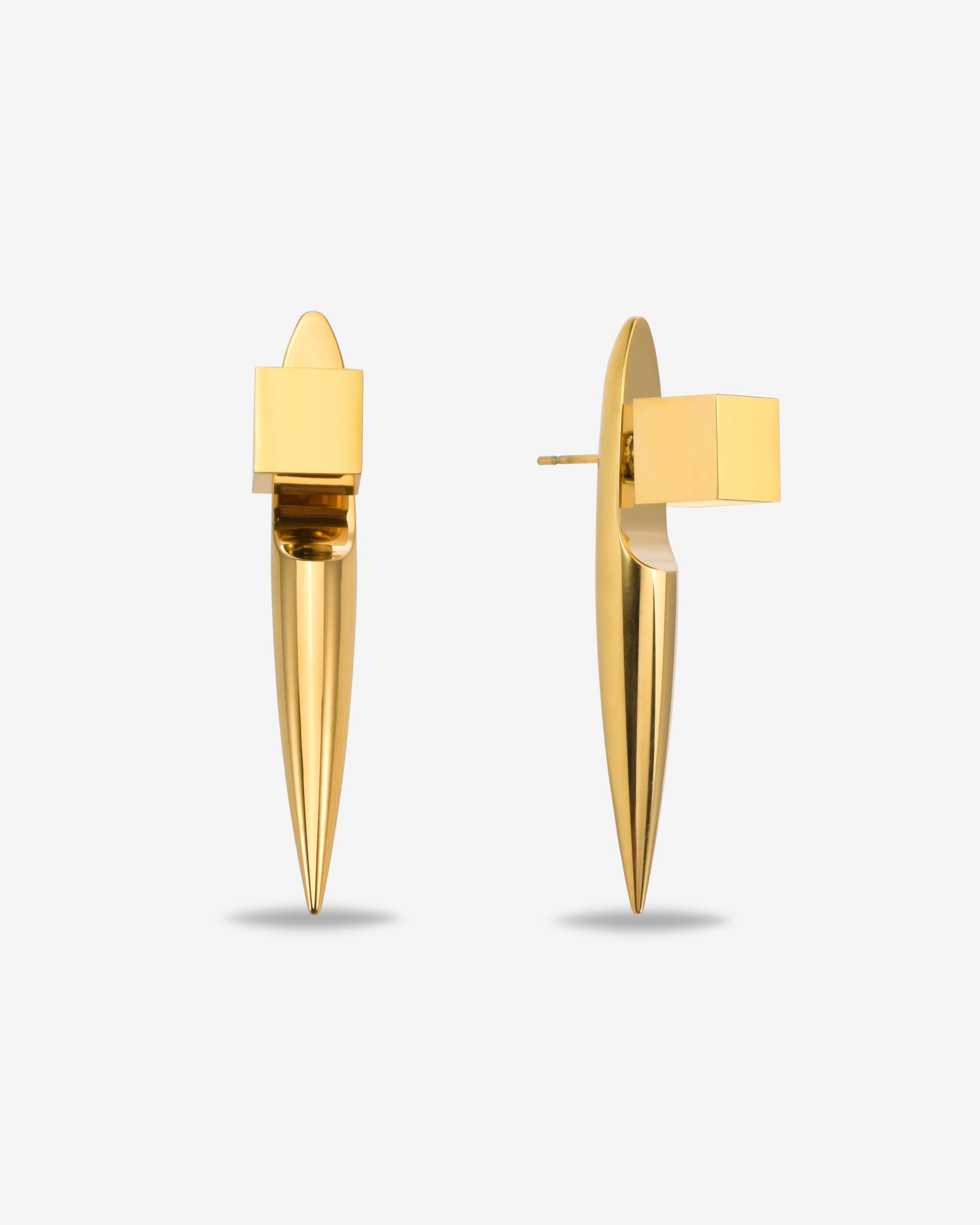 The Droplets Earrings by For Art's Sake® feature a rectangular block top with elongated, pointed drops, shown against a plain white background—a bold example of modern statement jewelry.