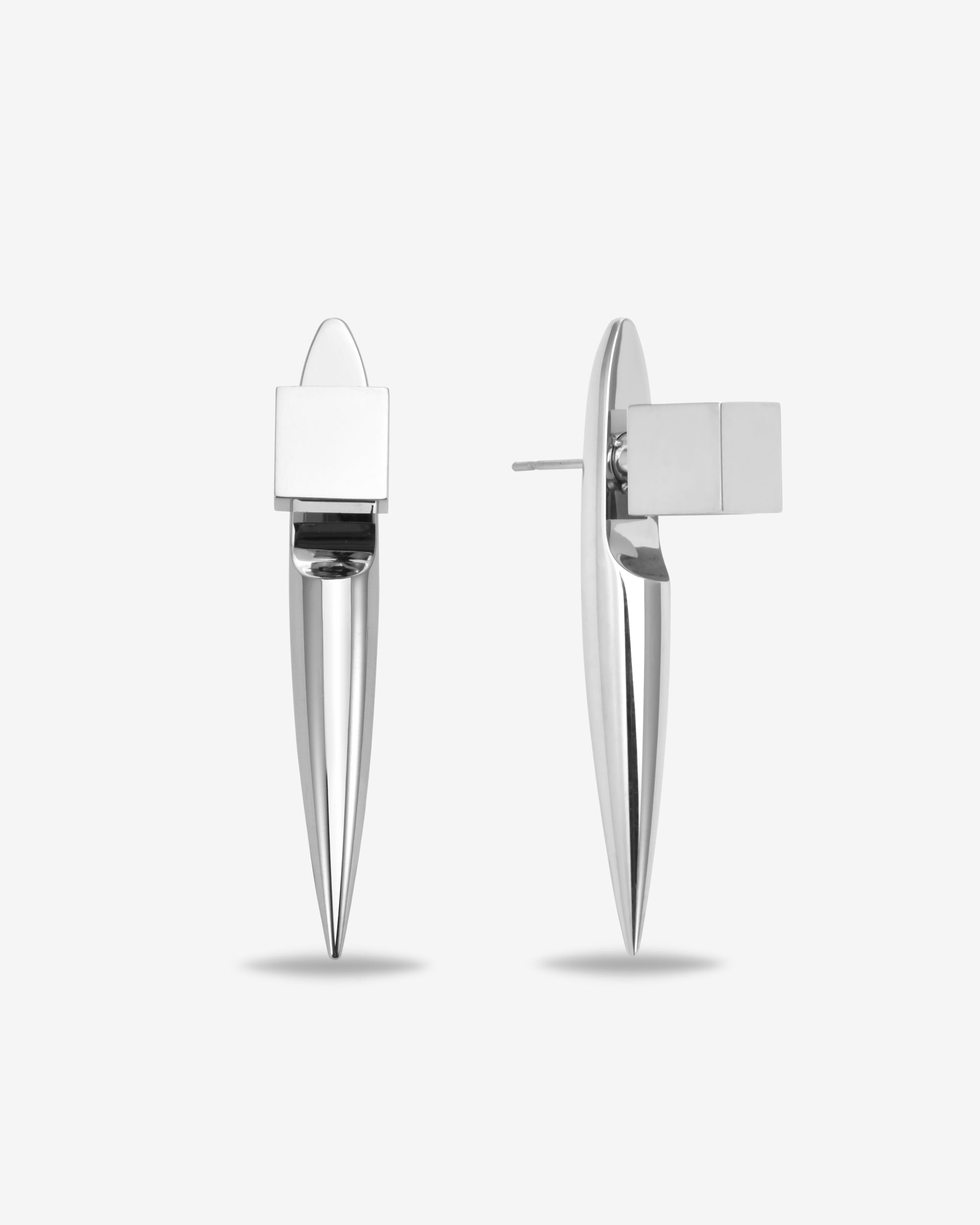 The Droplets Earrings by For Art's Sake® are modern statement earrings with a geometric square stud and a sleek pointed drop, showcased against a plain white background.