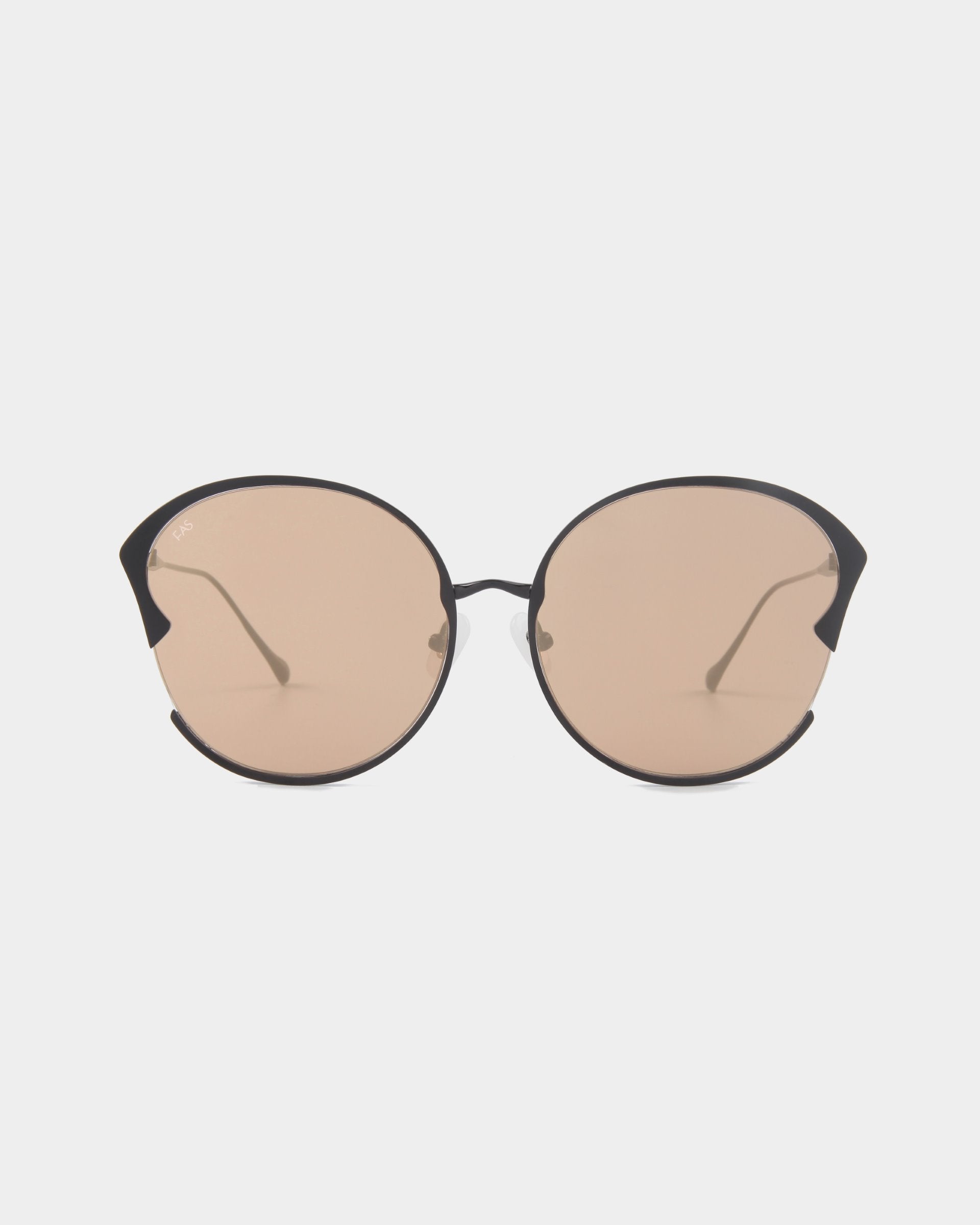 A pair of For Art's Sake® Alectrona black-framed sunglasses with round, light brown tinted, shatter-resistant lenses on a white background. The frames have a sleek design with thin arms and adjustable jade nose pads.