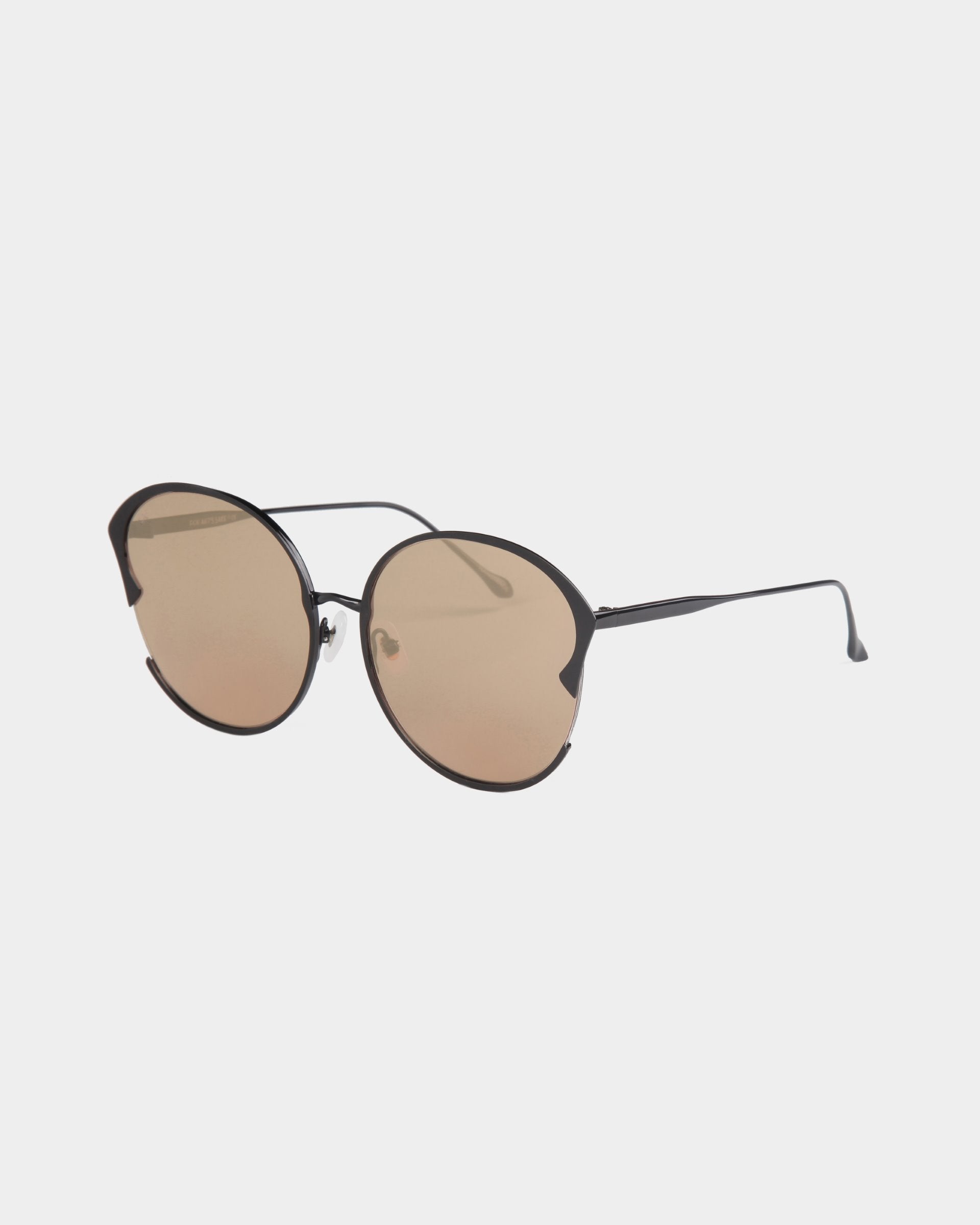 A pair of stylish For Art's Sake® Alectrona sunglasses with round brown-tinted, shatter-resistant lenses and a thin black metal frame. The design features a minimalist bridge and temple arms, with adjustable jade nose pads for comfort. The background is plain white.