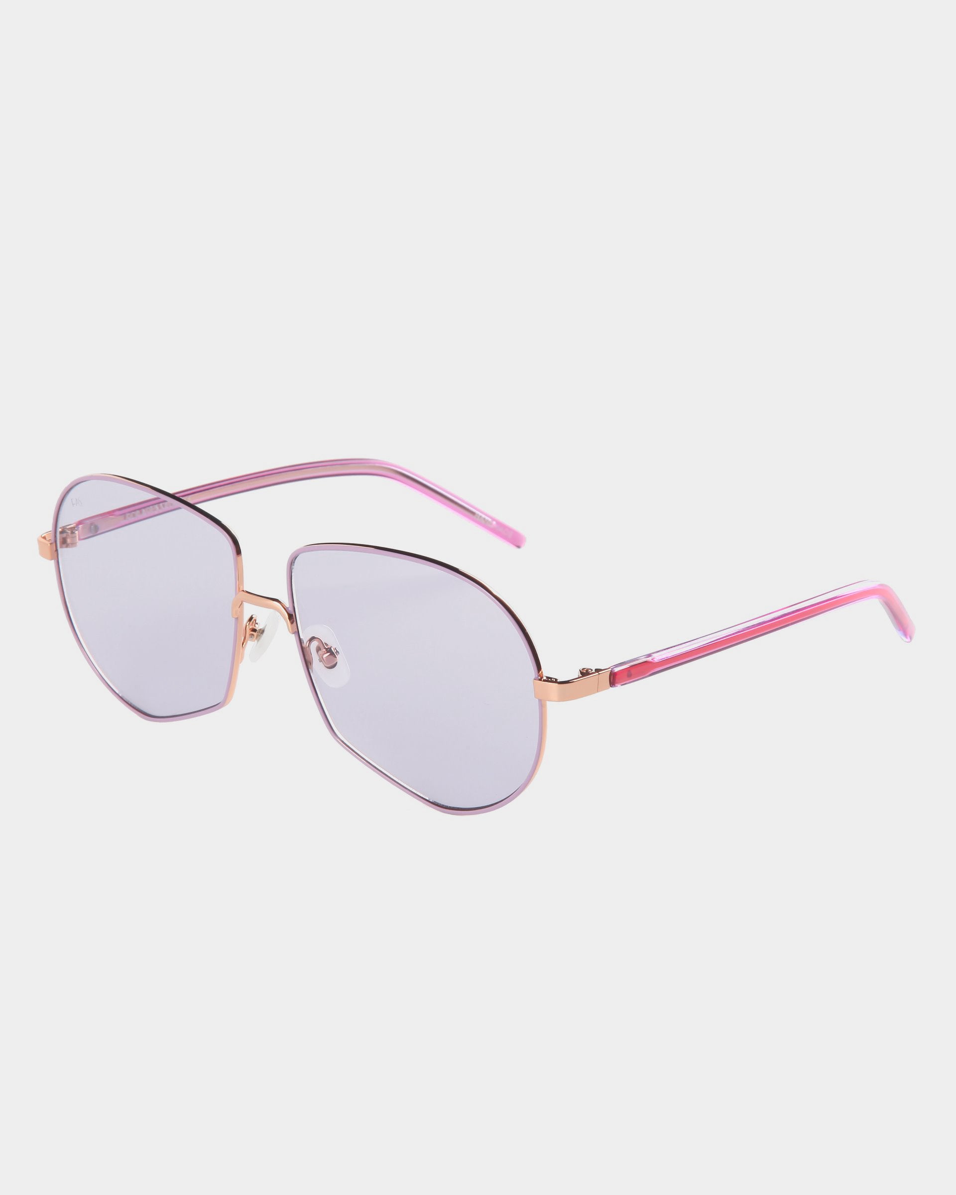 A pair of stylish Explorer sunglasses by For Art's Sake® featuring sleek pink metal frames and lightly UV protected nylon lenses. The arms of the glasses boast a pink hue with a subtle gradient effect, all set against a plain white background.