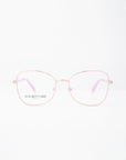 The Grace eyeglasses from For Art's Sake® feature subtle pink-tinted temples with 18-karat gold-plated frames and a visible brand name on the left lens. Elegantly displayed on a white background, they effortlessly combine style with refined luxury.