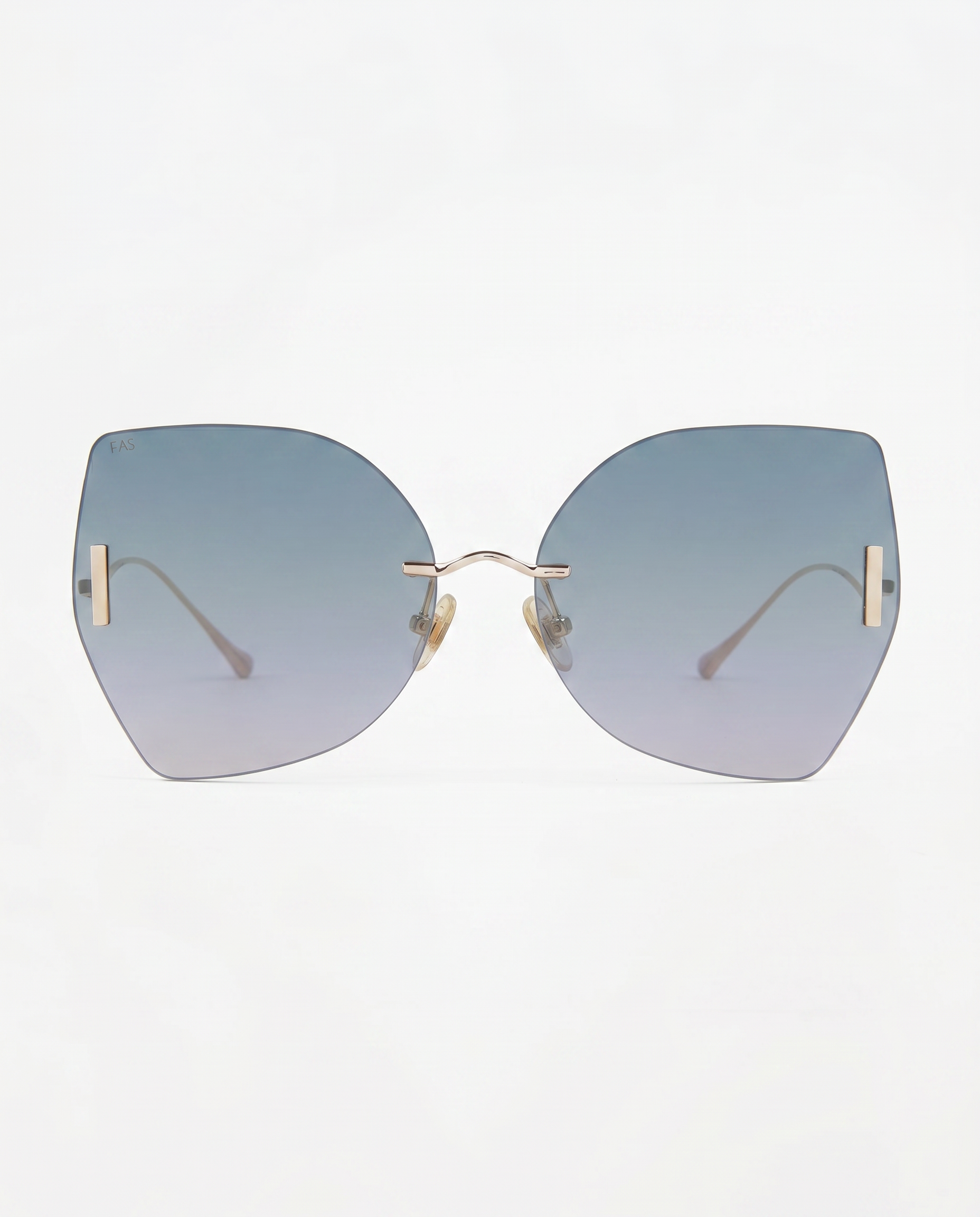 The Starlight sunglasses by For Art's Sake® feature large, frameless butterfly-shaped blue gradient lenses, thin gold temples, and gold nose pads with UV protection, displayed on a plain white background.