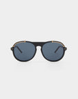 A pair of aviator-style sunglasses named "General" from For Art's Sake®, featuring dark blue lenses with UVA & UVB protection and black frames accentuated by 18-karat gold plated details at the hinges and brow bar, stands out prominently against a white background.
