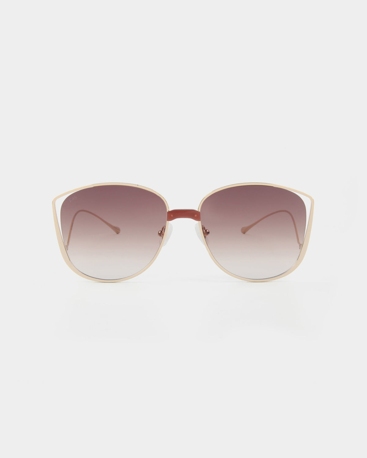 Introducing "Spacie" by For Art's Sake®: a pair of stylish sunglasses featuring thin metal frames with handmade 18-karat gold plating. These shades boast gradient lenses that transition from dark at the top to lighter at the bottom, and their modern, slightly oversized square shape is complemented by luxurious jadestone nosepads. Now on sale!