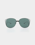 The Spacie sunglasses by For Art's Sake® feature dark-tinted lenses held by thin, black, wireframe arms with a distinctive, slightly geometric design. The lenses are connected by a slender bridge accented with gold plating, while jadestone nosepads add an extra touch of elegance. Set against a plain white background, these glasses truly stand out.