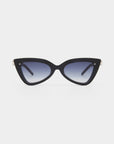 A pair of Mad Mad sunglasses from For Art's Sake®, featuring black, cat-eye frames made of thick, angular acetate for a vintage-inspired look. The dark nylon lenses have a slight gradient effect, all set against a plain white background.