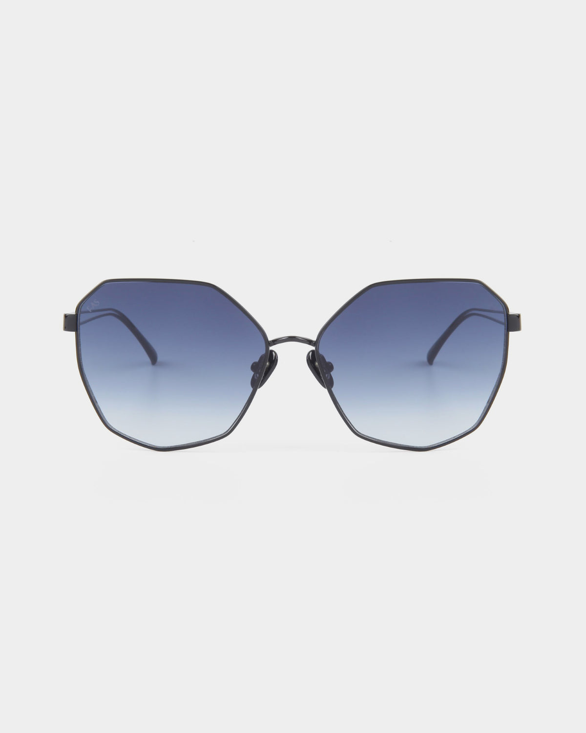 A pair of Moma sunglasses by For Art's Sake® with geometric stainless steel frames and blue gradient lenses, displayed on a white background. These hexagonal shades transition smoothly from dark blue at the top to a lighter blue at the bottom, offering 100% UVA and UVB protection.