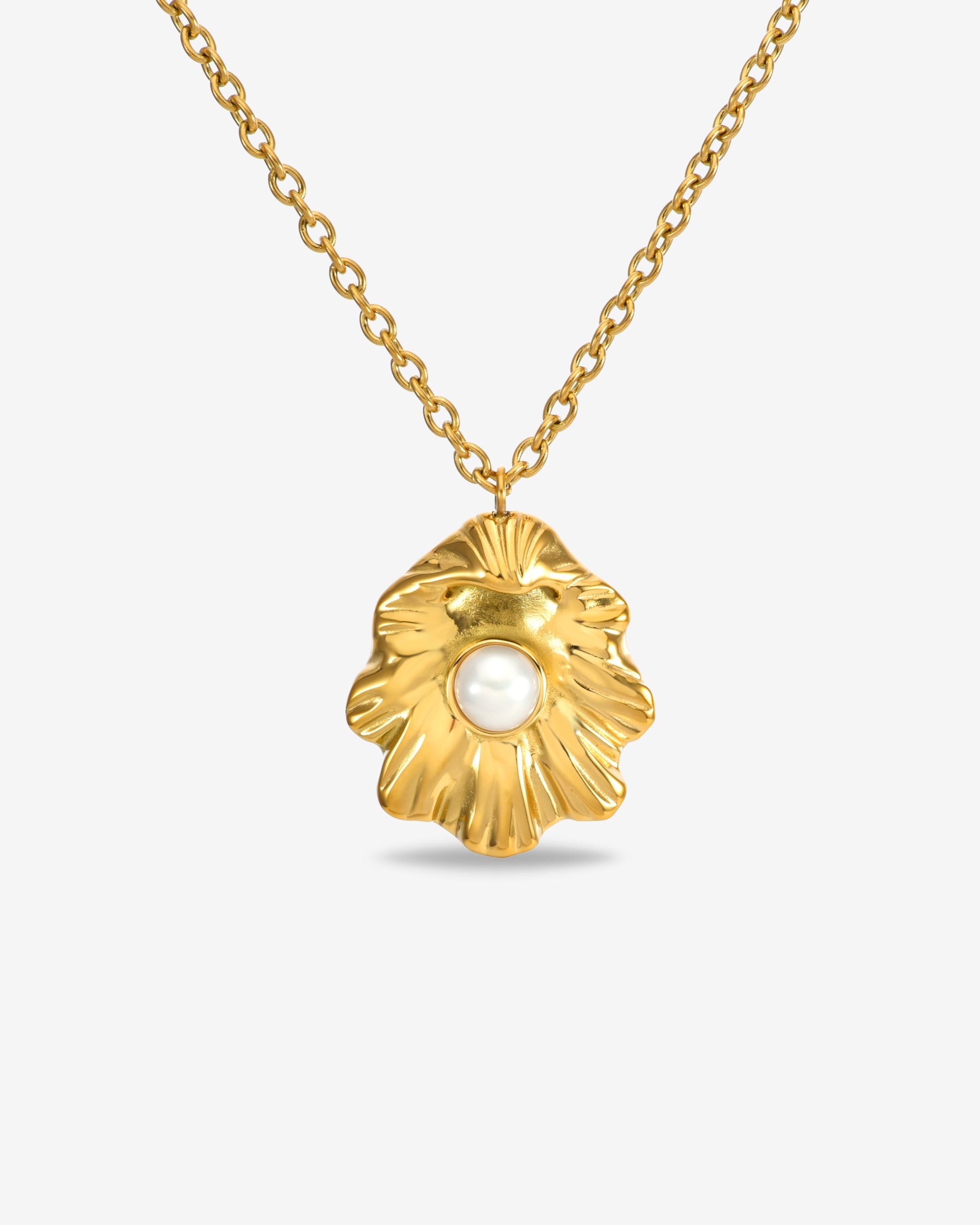 The Shell Pendant Bracelet by For Art's Sake® features a gold scallop shell charm with a central round pearl, displayed on a delicate gold chain against a plain white background.