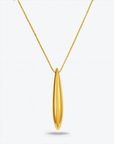 The Droplets Pendant Necklace by For Art's Sake® features a delicate gold chain with a smooth, elongated metal droplet pendant, shown on a plain white background.