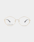 The Antidote by For Art's Sake® is a pair of eyeglasses with geometric, 18-karat gold-plated stainless steel frames and transparent lenses. The temples are adorned with black tips for added comfort.